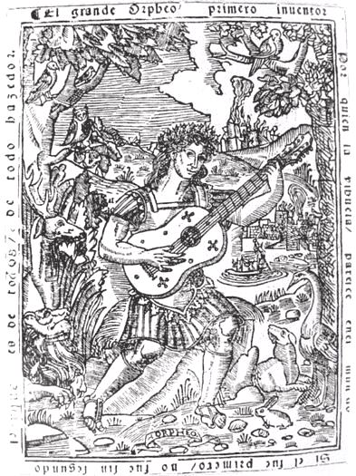Afbeelding uit het boek El Maestro van Luys Milan waarop Orpheus een vihuela bespeelt